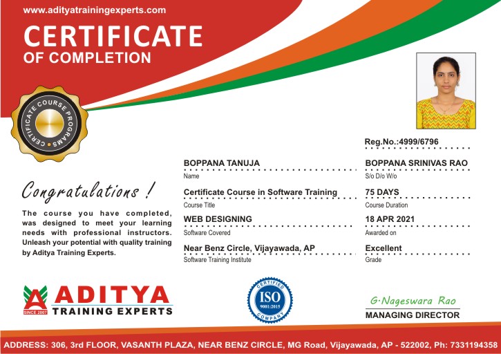 ADITYA TRAINING EXPERTS CERTIFICATE FOR STUDENTS IN Vijayawada