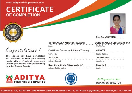 Aditya Training Experts Student CERTIFICATE FOR AutoCAD Course in Vijayawada