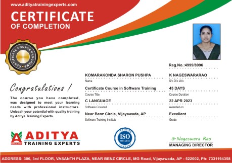 Aditya Training Experts Student CERTIFICATE FOR C Language Course in Vijayawada