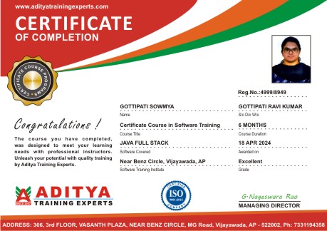 Aditya Training Experts Student CERTIFICATE FOR Java Course in Vijayawada