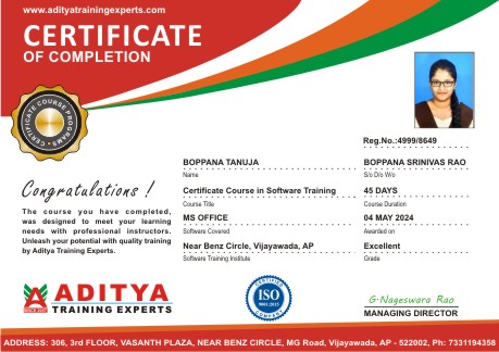 Aditya Training Experts Student CERTIFICATE FOR MS Office Course in Vijayawada