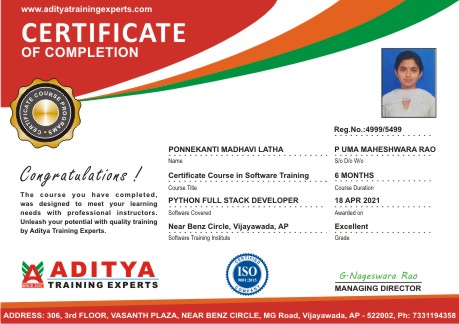 Aditya Training Experts Student CERTIFICATE FOR Python Full Stack Course in Vijayawada