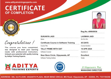 Aditya Training Experts Student CERTIFICATE FOR Tally Course in Vijayawada