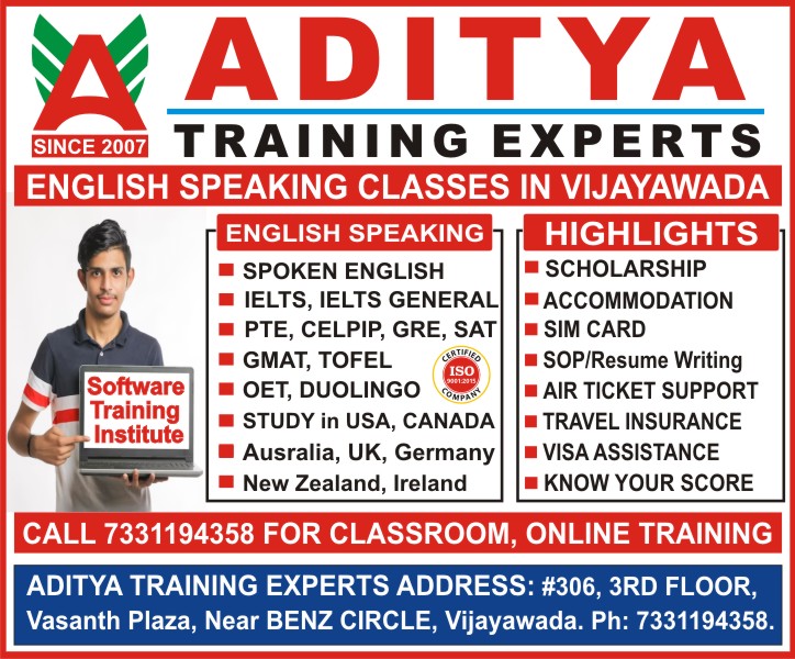 Learn SPOKEN ENGLISH, IELTS, IELTS GENERAL, PTE, CELPIP, GRE, SAT, GMAT, TOFEL, OET, DUOLINGO English Speaking Classes in Vijayawada - Aditya Training Experts