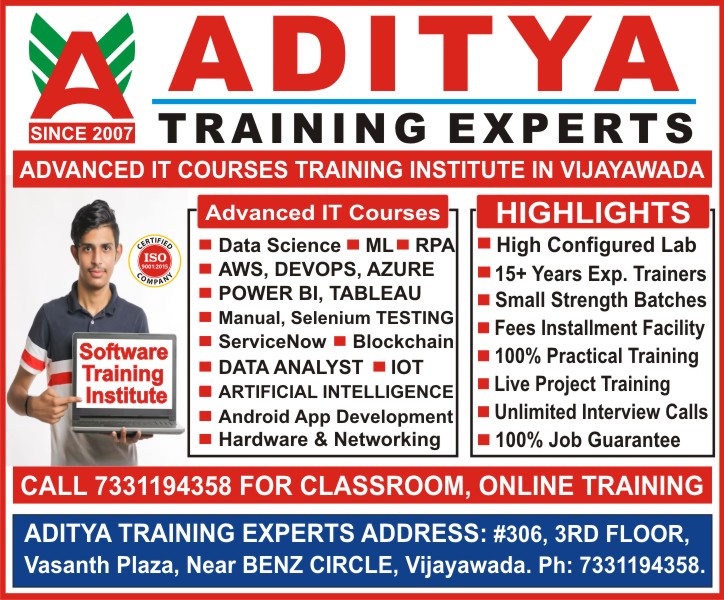 Data Science, Machine Learning, AWS, Devops, Azure, Power BI, Tableau, Manual Testing, Selenium Testing, RPA, ServiceNow, Blockchain, Data Analyst, Internet of Things, Artificial Intelligence, Linux Administrator, Android App Development, Hardware and Networking IT Courses Training in Vijayawada - Aditya Training Experts