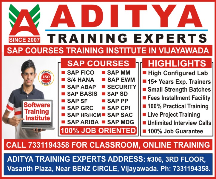 SAP FICO, SAP S/4 HANA, SAP ABAP, SAP BASIS, SAP MM, SAP EWM, SAP SECURITY, SAP SD, SAP PP, SAP CPI, SAP SAC, SAP MDG, SAP SF, SAP GRC, SAP HR/HCM, SAP ARIBA SAP Courses Training in Vijayawada - Aditya Training Experts