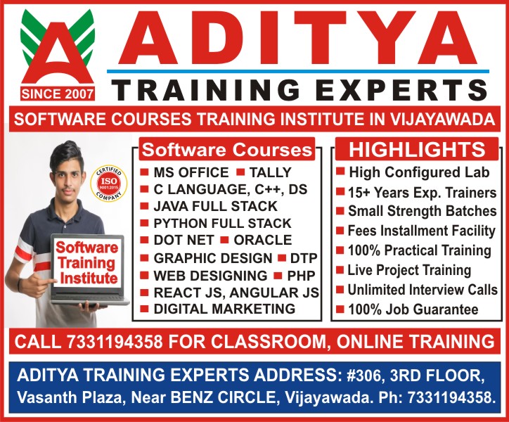 MS Office, Tally Prime, C Language, C++, DS, JAVA, Python, Dot Net, Oracle, Graphic Design, DTP, Web Designing, PHP, React JS, Angular JS, DCA, PGDCA, Digital Marketing Courses Training in Vijayawada - Aditya Training Experts Vijayawada