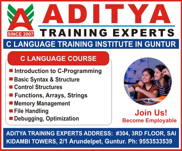 Learn C Language Course in Guntur for getting great career in Programming with in 45 Days, C Language Training Institute in Guntur @ Aditya Training Experts