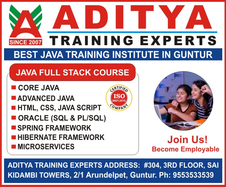 Learn Java Course in Guntur for getting great career in Full Stack Developer, Java Training Institute in Guntur @ Aditya Training Experts