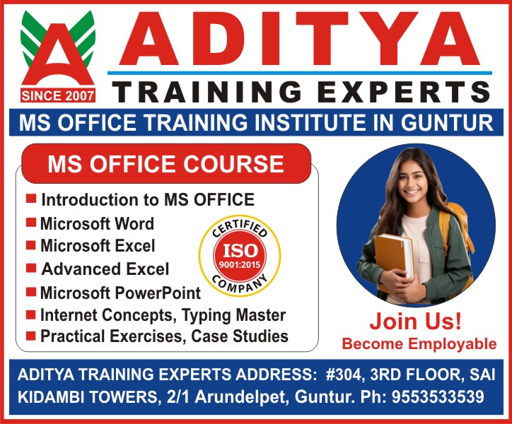 Ms Office Course in Guntur – Best Ms Office Training Institute in Guntur for Ms Word, Excel, Advanced Excel, Power Point, Internet Concepts @ Aditya Training Experts