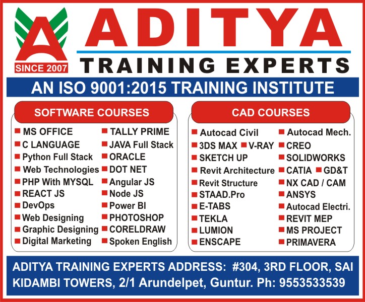 Software Courses Training in Guntur Ms Office, Tally, C Language, JAVA, PYTHON, DOT NET, PHP, WEB DESIGNING, ORACLE, Dtp, Spoken English - Aditya Training Experts